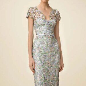 Marchesa Notte Ice Bell Bloom Sheath Crochet Overlay Dress Muted Blue 6 Small